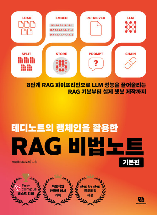 테디노트의 랭체인을 활용한 RAG 비법노트 : 기본편 - 8단계 RAG 파이프라인으로 LLM 성능을 끌어올리는 RAG 기본부터 실제 챗봇 제작까지 (커버이미지)